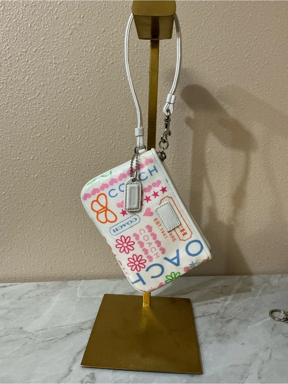 Coach Poppy Wristlet White Coated Canvas With Colorful Floral & Butterfly Print